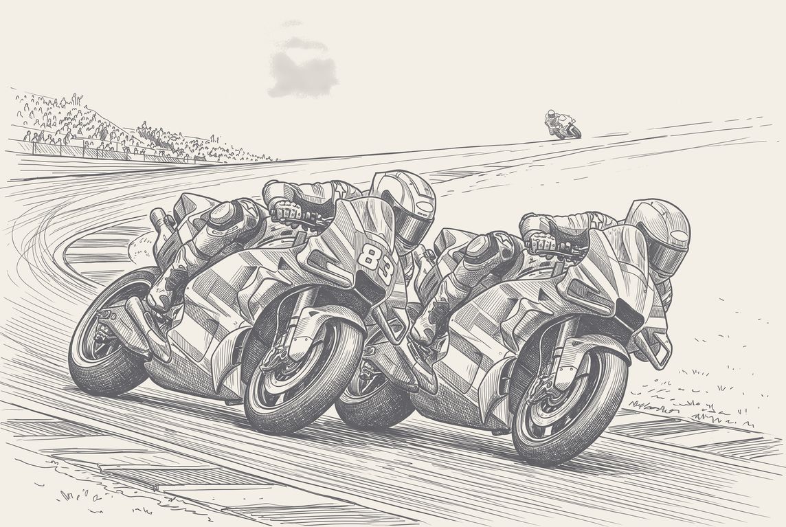 Marc Marquez leading two Trackhouse Aprilias through Turn 11 at the Sachsenring, pen and ink