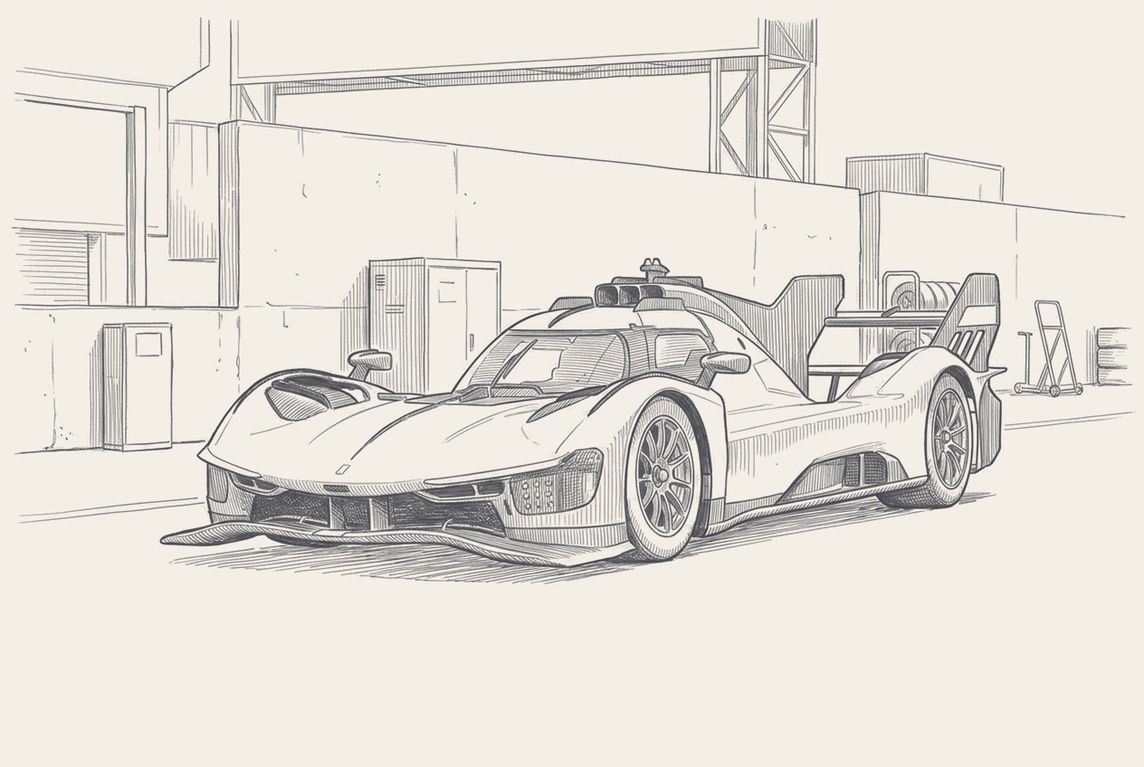 A BMW M Hybrid V8 leading a Ferrari 499P and a Cadillac through the Ferradura left at Interlagos, pen and ink