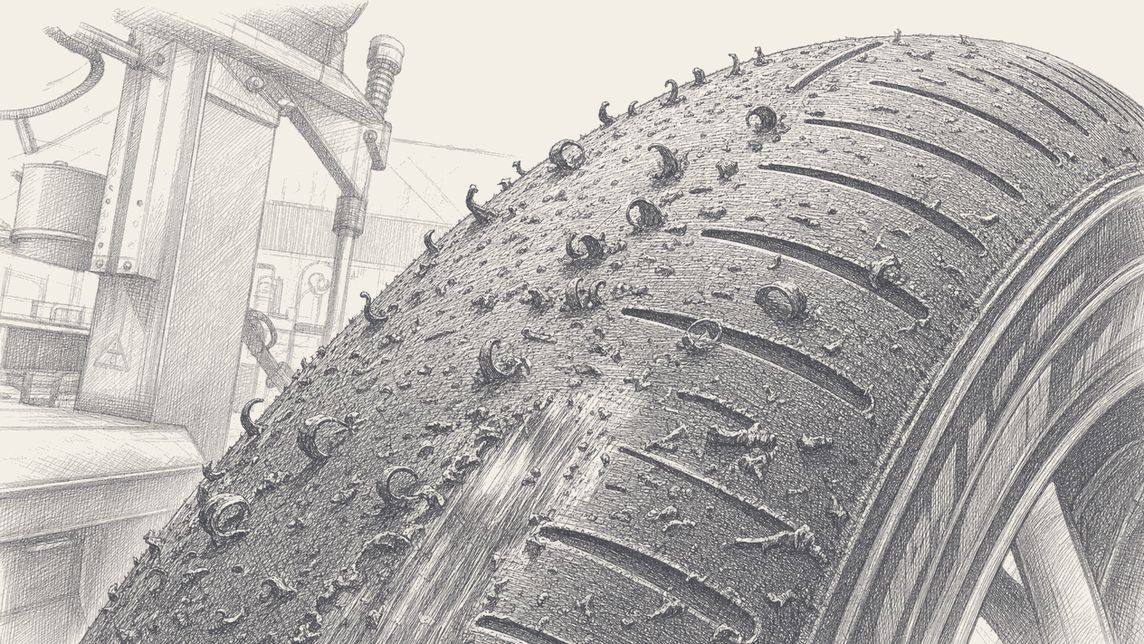 A grained rear tyre on a Ducati GP26, cross-section sketch, pen and ink