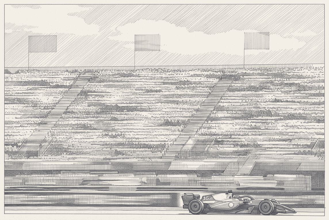 Leclerc's Ferrari SF-26 at Silverstone, pen and ink