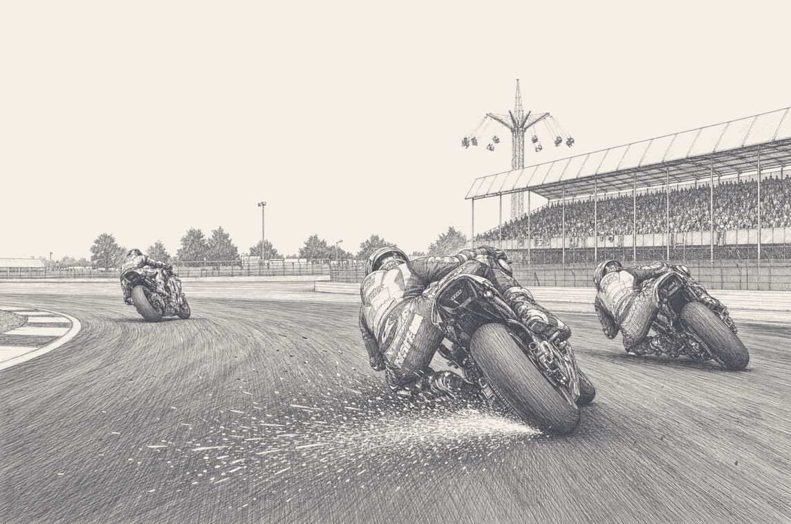 Raul Fernandez leading the field through Silverstone, pen and ink