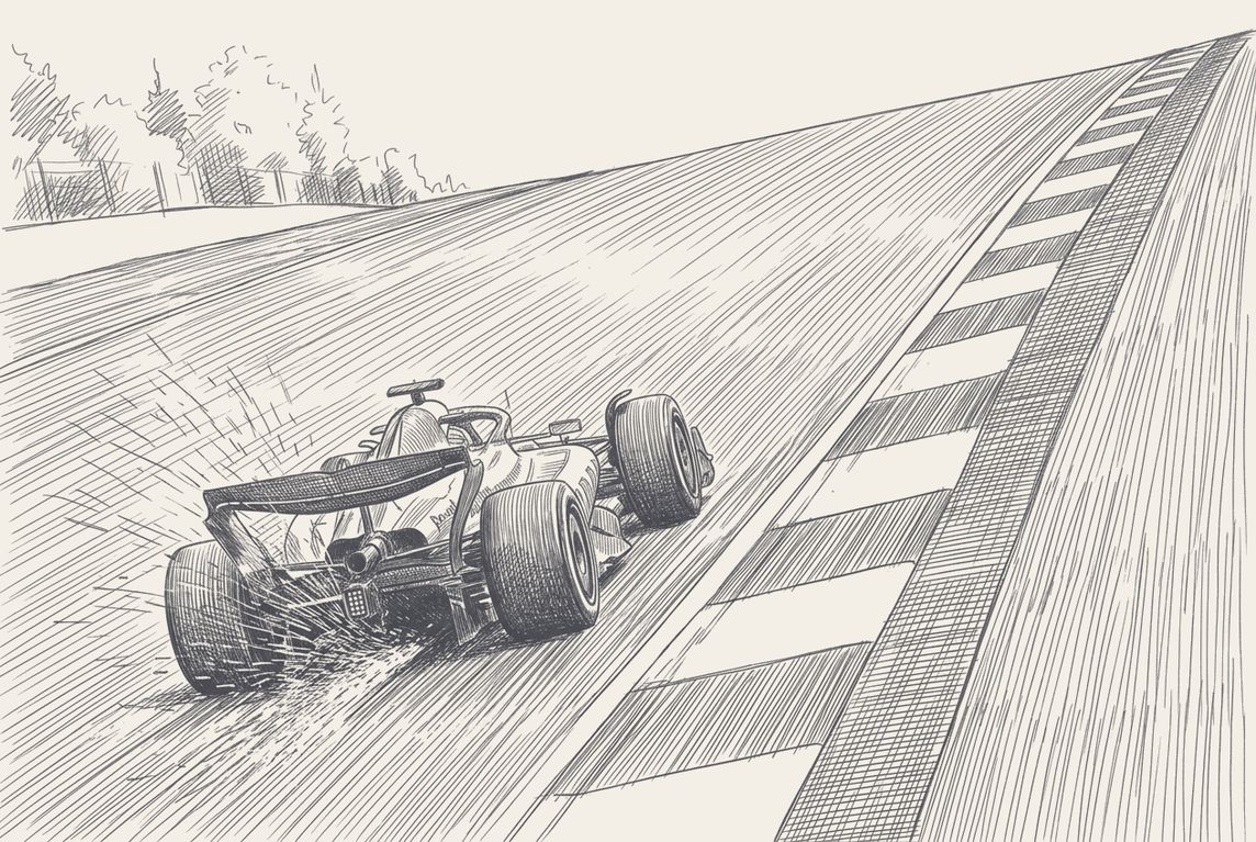 The run from La Source down to Eau Rouge drawn in elevation, pen and ink