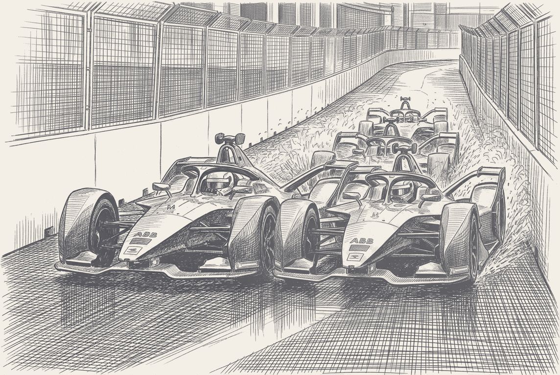 Two electric single-seaters side by side on a floodlit Tokyo restart, pen and ink