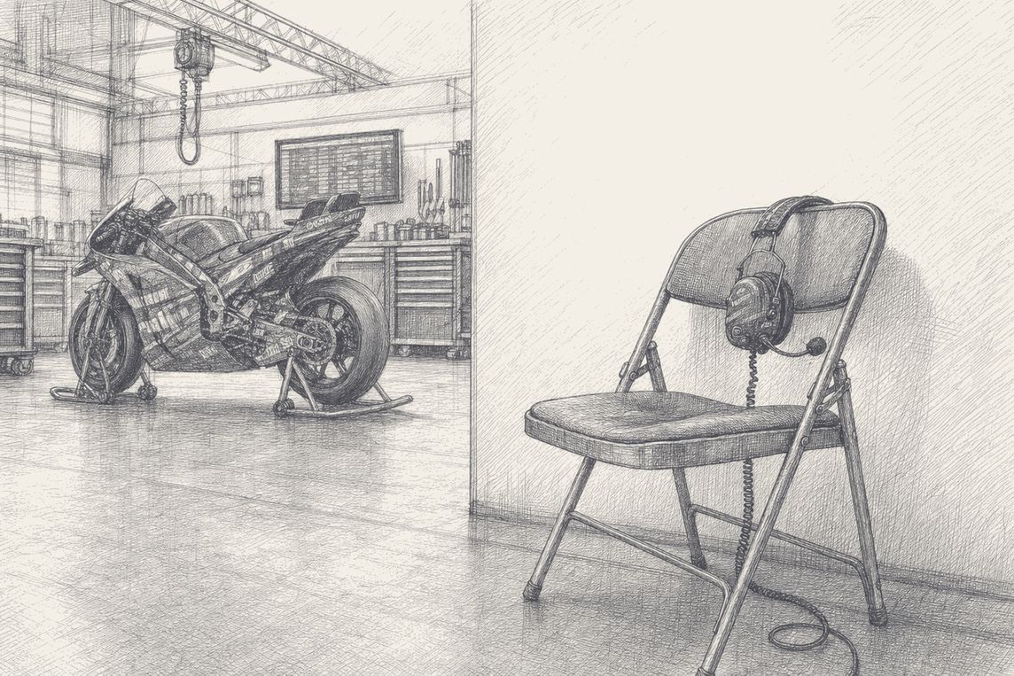 A Trackhouse Aprilia in the garage, contract on the toolbox, pen and ink