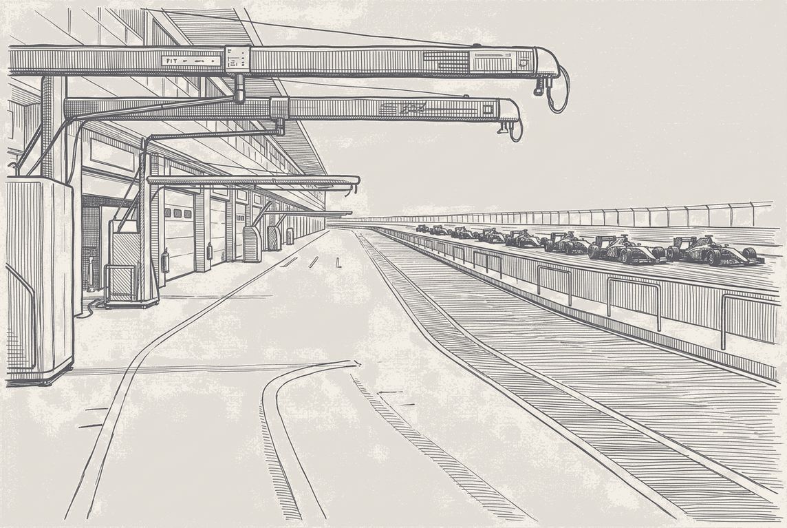 Two-tone hatched-ink illustration looking from the mouth of a pit lane entry down a completely deserted pit lane, garages and gantry on the left, with a line of race cars passing at speed on the circuit beyond the barrier without turning in.