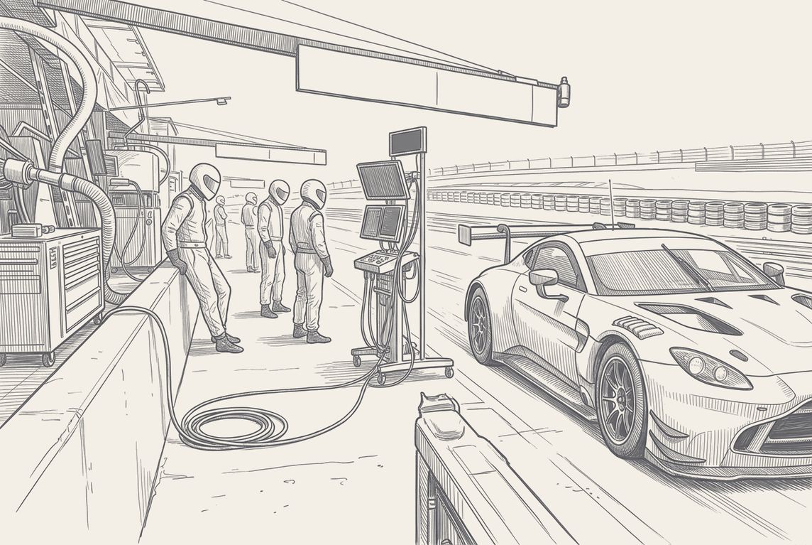 A GT3 car passing its own pit box at pit-lane speed, the crew standing back, pen and ink