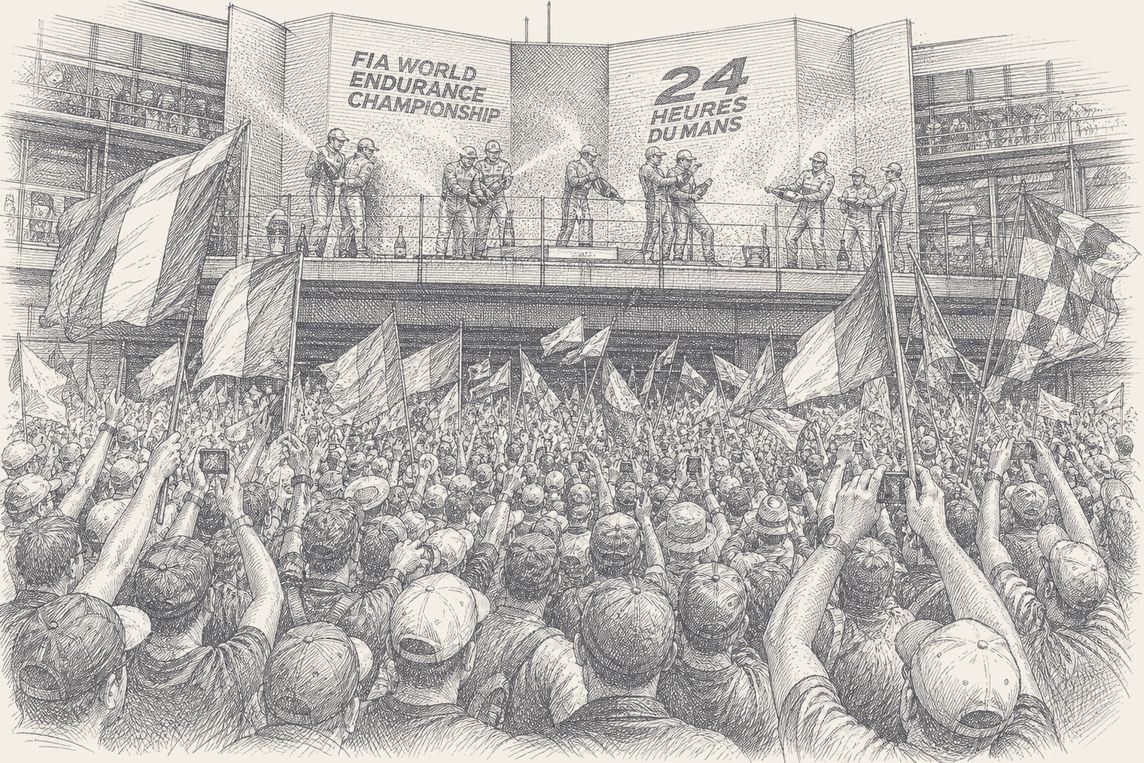 Champagne on the Le Mans podium above a crowd of flags, pen and ink