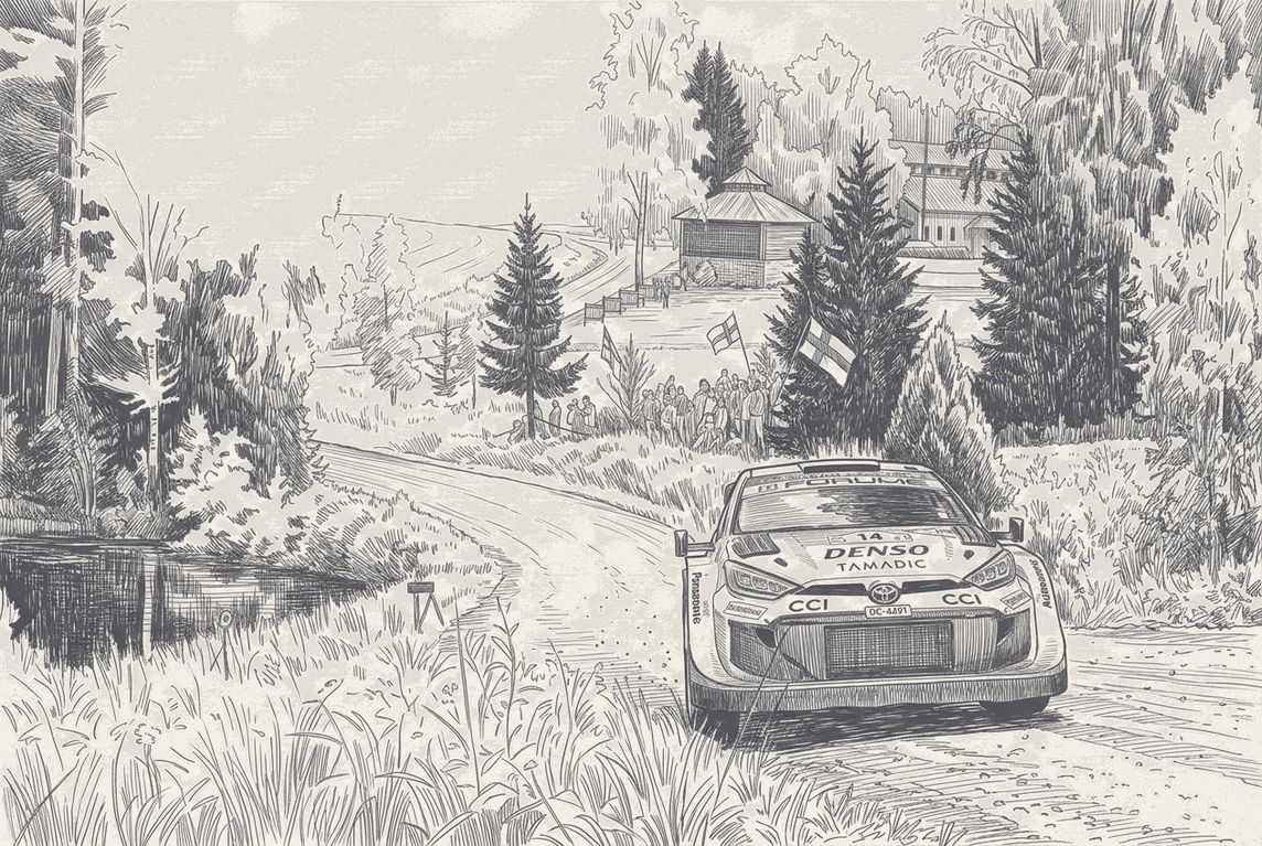 A rally car on a gravel forest stage, pen and ink