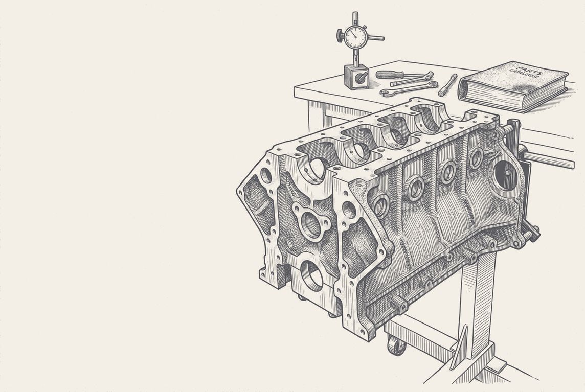 A cast engine block on a workshop stand, pen and ink