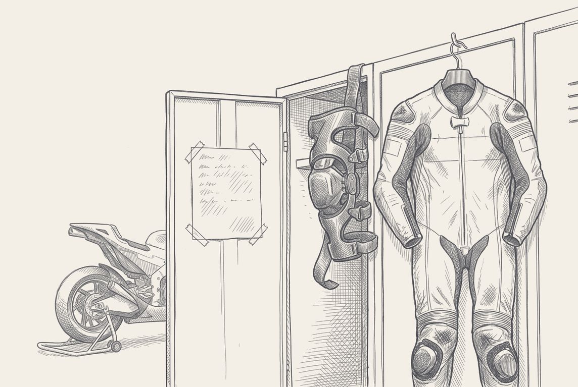 Two-tone hatched-ink illustration of a MotoGP garage corner where a set of racing leathers hangs from a hook beside a worn hinged knee brace, an open locker door carrying a single sheet of paper taped flat inside it, and a machine on paddock stands behind.