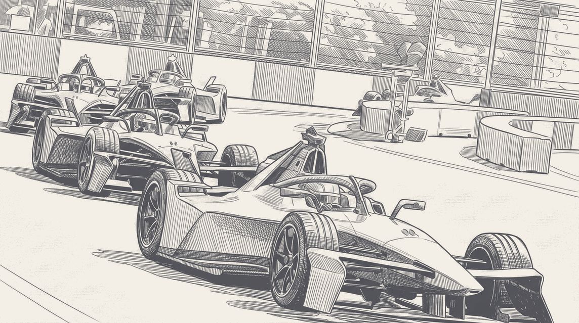 Two-tone hatched technical illustration of a Formula E Gen3 Evo car leading through Sanya's tight Turn 9 hairpin under a red-flag board, three stricken cars sketched in the run-off behind, a championship points ladder ruled along the lower frame with the top four bars all stopped at zero for the round.